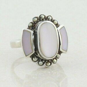 Sterling Silver Mother of Pearl and Marcasite Ring Size 6 1/4